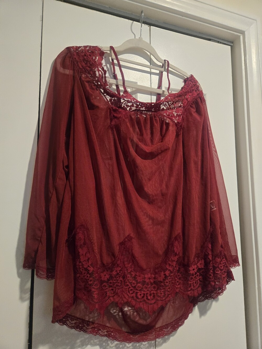 Deep Red Lace Trim Off-Shoulder Women's Sheer Lingerie Top With undies